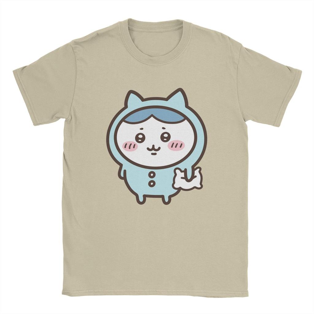 Men T-Shirt Hachiware In Blue Pajamas Chiikawa Humorous Pure Cotton Tee Shirt Short Sleeve T Shirt Crewneck Tops Birthday Gift