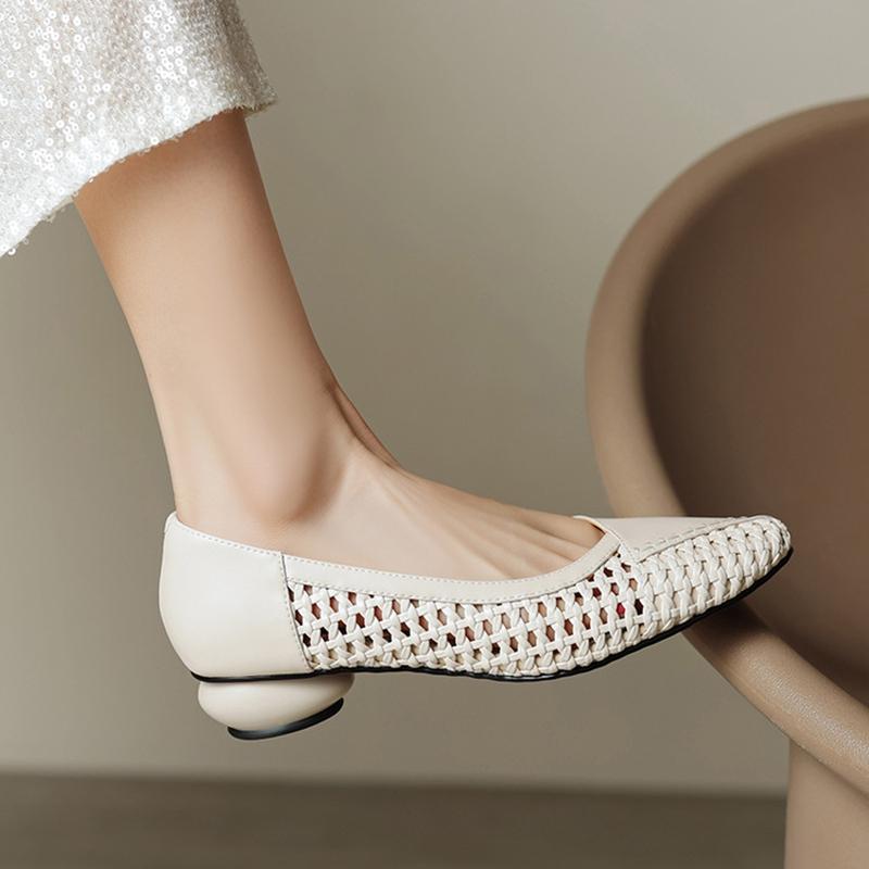 Mode NY Vår/Höst Dam Pumps Rund Tå Klumpig Klack Skor Spaltläderskor för Kvinnor Koncisa Väv Slip-on Handgjorda Skor