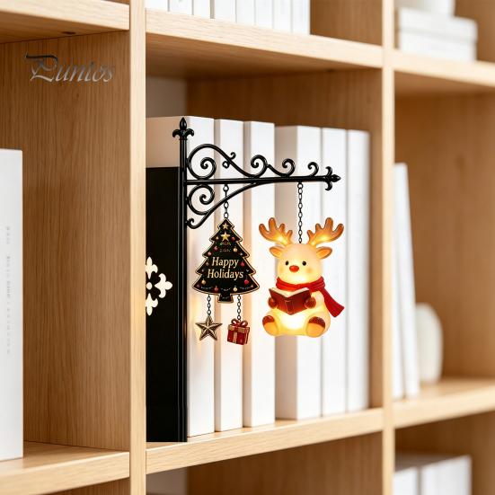 Unique Office Desk Decor Christmas Book Shelf Light, Iron Bookend Night Lamp with Santa Cozy Reading Corner Reindeer Snowman, Warm Glow Tabletop