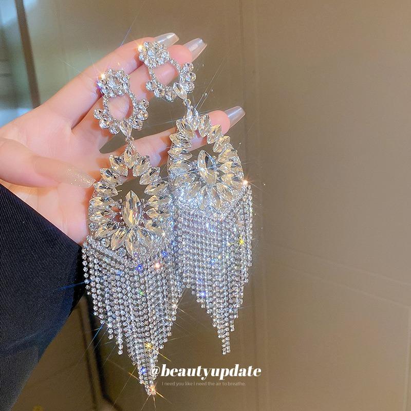Silver Needle Diamond Flower Hollow Water Drop Earrings Personality Exaggeration Long Fringed Earrings Fashion Heavy Industry Earrings