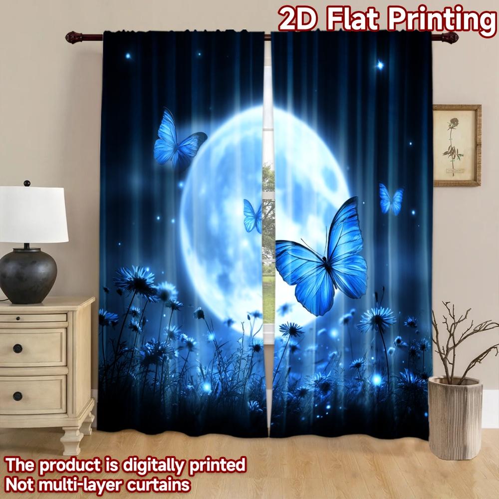2D flat printing 2pcs Window Drapes Blue Butterflies Moonlit Meadow Digital Printed Polyester Drapes Family Party for Holiday