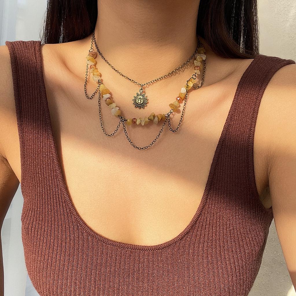 Sweet And Cool Holiday Wind Irregular Gravel Necklace Female Mint Diffuse Wave Wind Moon Pendant Stacked Necklace