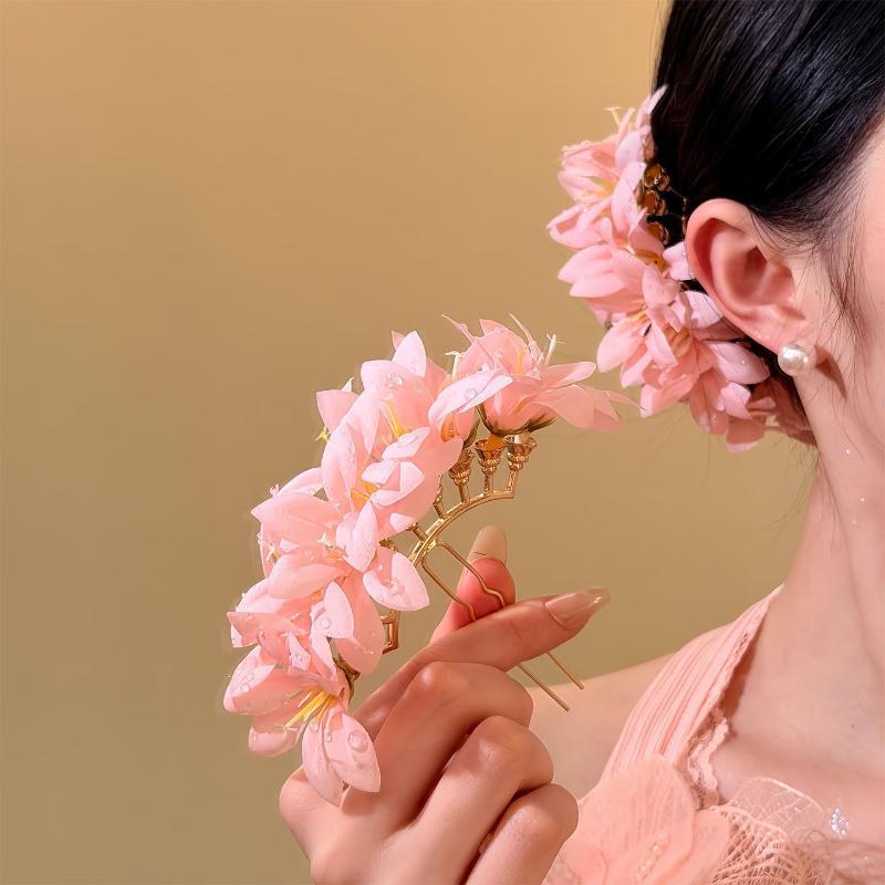 Handmade Floral Fan Hairpin Delicate Colorful Flower Design Anti-Slip Traditional Hair Accessory for Hanfu Travel Photo Shoots
