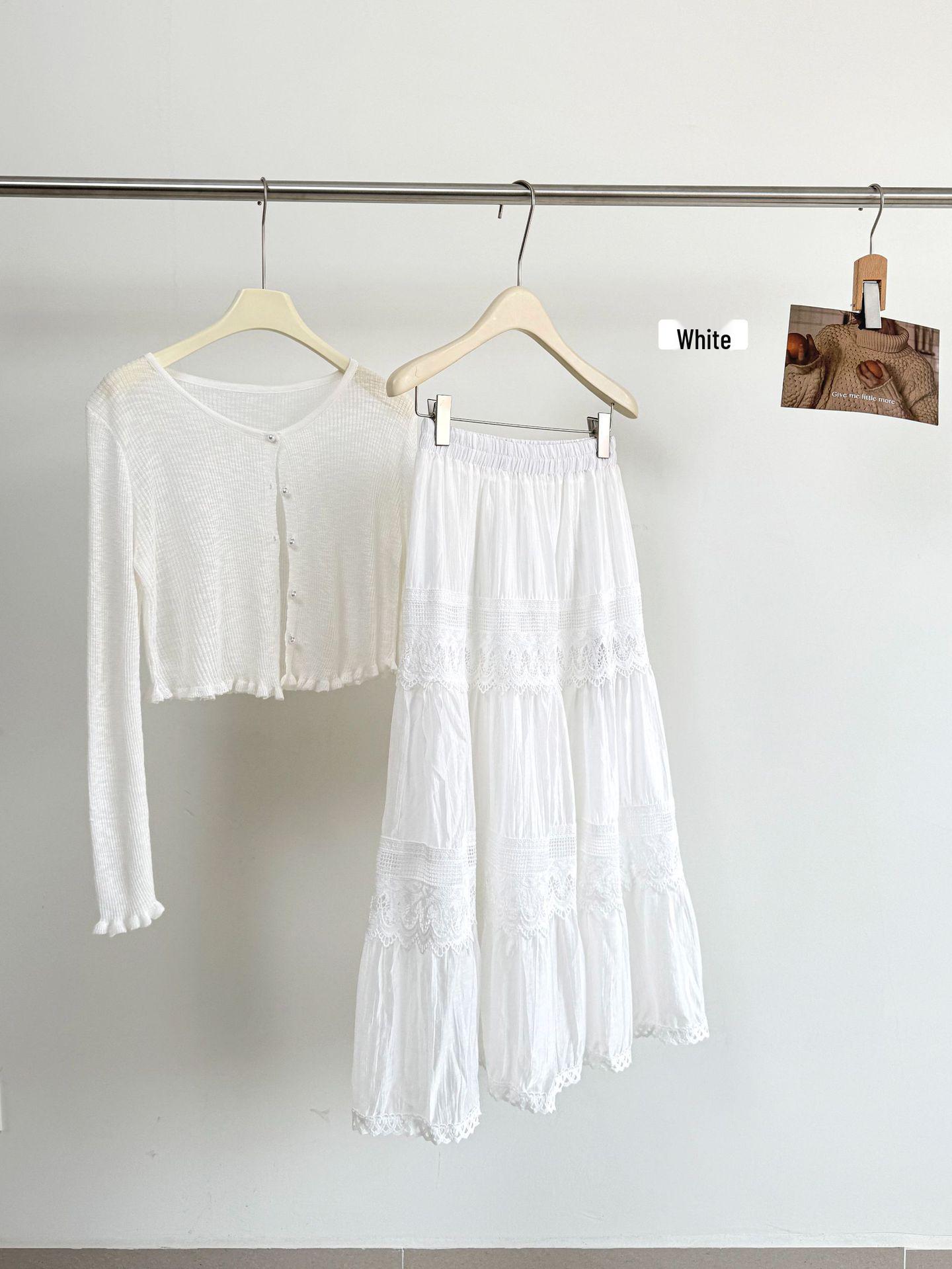 

2026 Spring/Summer Gentle Style Girly A-line Layered Skirt with Lace Trim & Elastic High Waist One Size белый