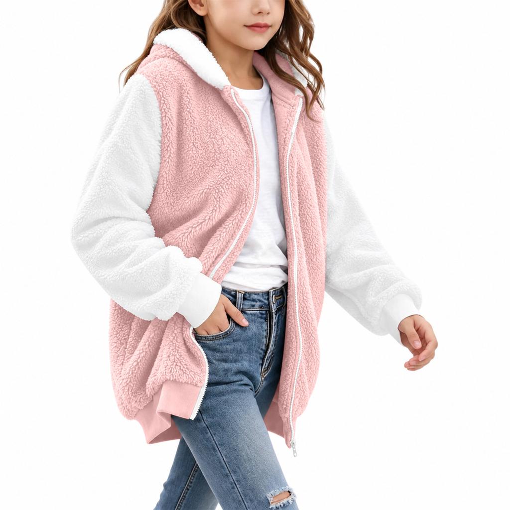 Girls' Casual Color Long Sleeve Hooded Jacket with Pockets for Everyday Wear