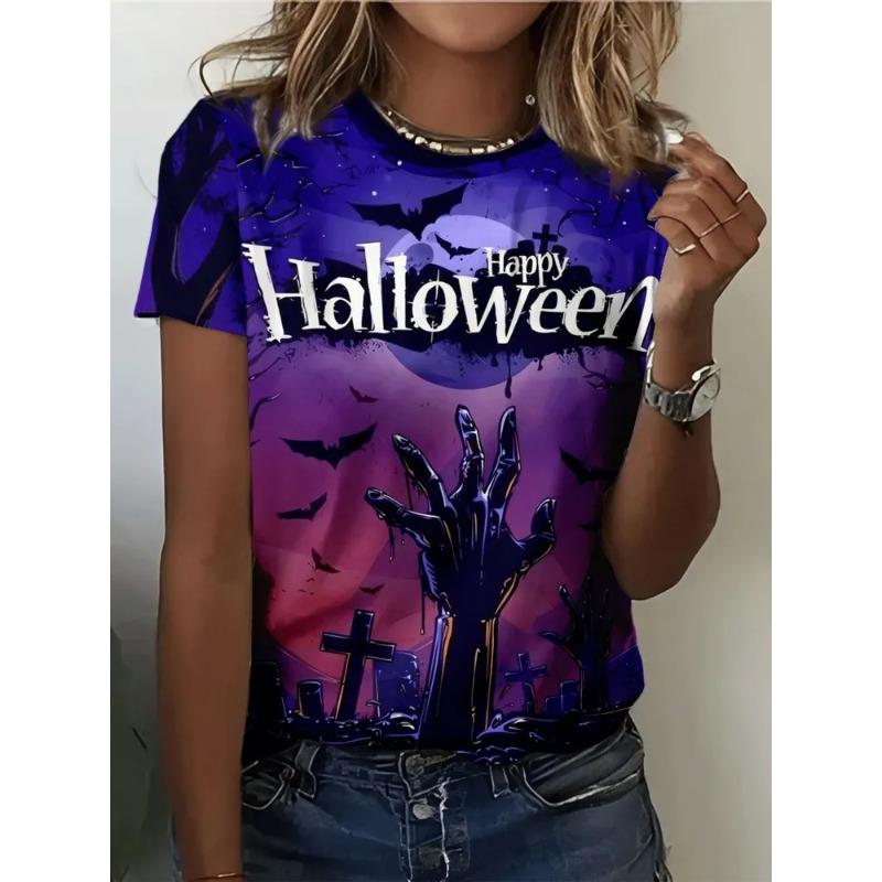 Summer Ladies Halloween 3D Printed Crew Neck T-Shirt Fashion Versatile Breathable Trend Casual