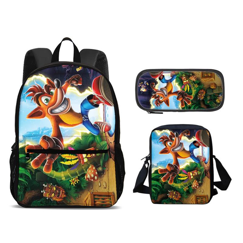 Crash Bandicoot backpack, pencil case, shoulder bag, 3Pcs Set, cartoon print, best school outdoor travel companion for students