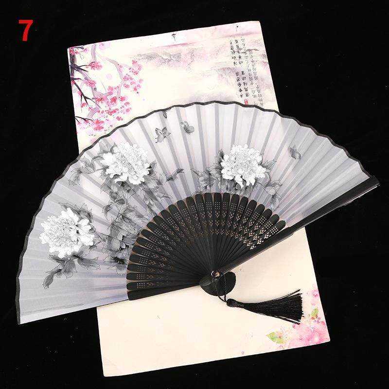 1Pc Vintage Silk Folding Fan Retro Chinese Japanese Bamboo Folding Fan Tassel Dance Hand Fan Home Decoration Ornament Craft Gift