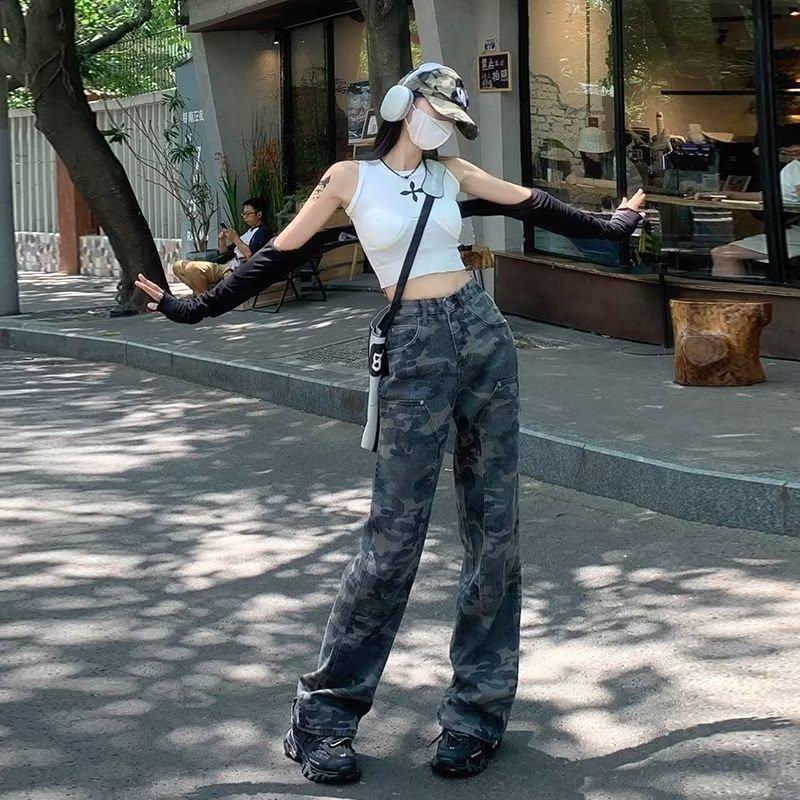 

Women s High Waist Camouflage Wide-Leg Jeans - Spring/Fall 2023 Fashionable Loose-Fit Workwear Pants XL камуфляжний