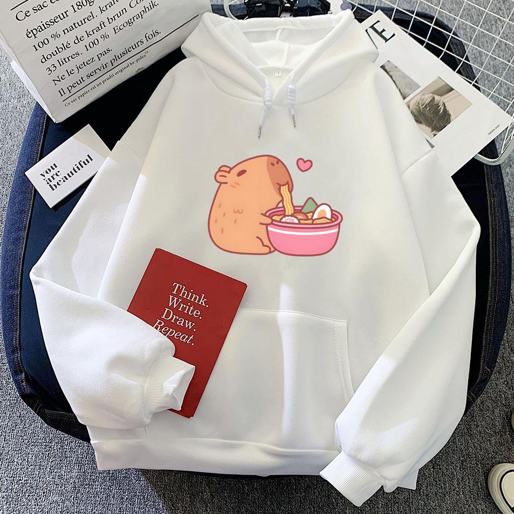 Cute Capybara Eating Ramen Hoodies Kawaii Cartoon Graphic Printing Sweatshirts Winter Hooded Pullovers Sudaderas Para Mujer Girl