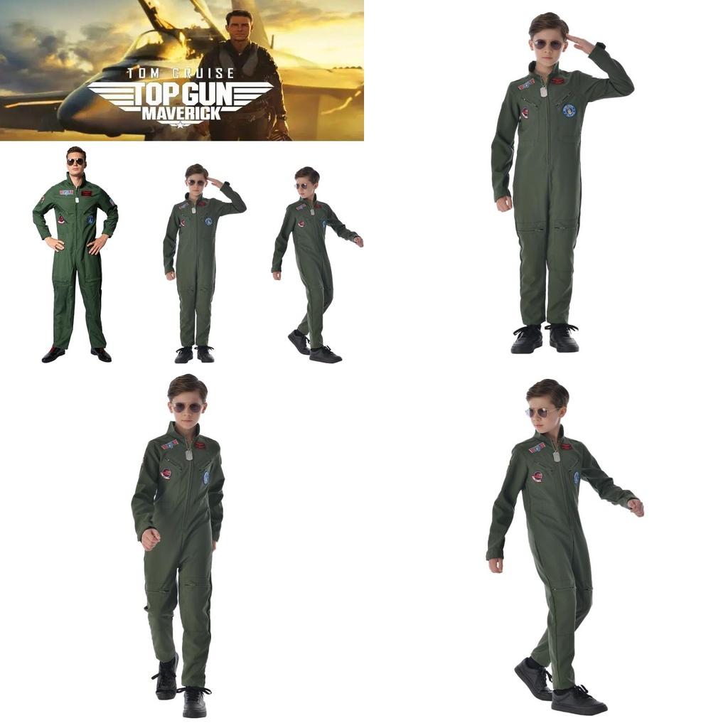 Top Gun pilots tērps Halloweena kostīms bērniem un pieaugušajiem Maverick Cosplay tērps ar saulesbrillēm un vārda zīmi
