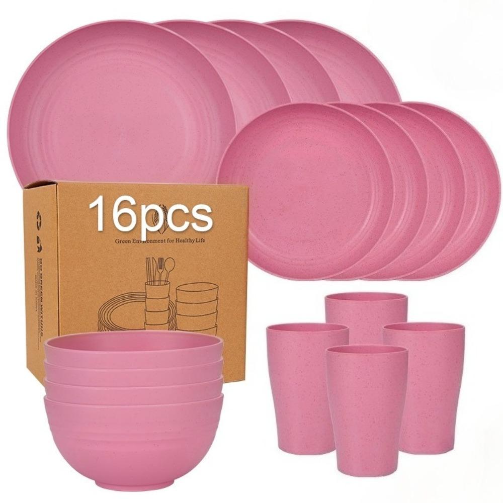 NEW 16-piece Set of Bowls, Cups and Plates, Pure Black Tableware Set, Plastic Dinner Plates and Water Cups Set Gift