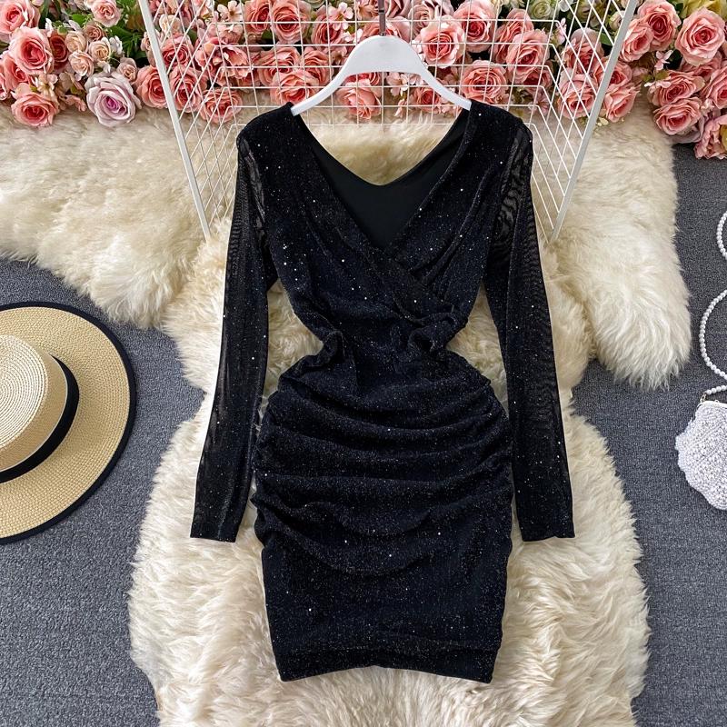 

Весна Осень Ретро Новое Тонкое Платье с Облегающей Талией и Низкими Бедрами Французское Элегантное Плиссированное Узкое Сетчатое Платье с V-образным Вырезом Черные Блестки Короткая Одежда Для Вечеринок L чёрный