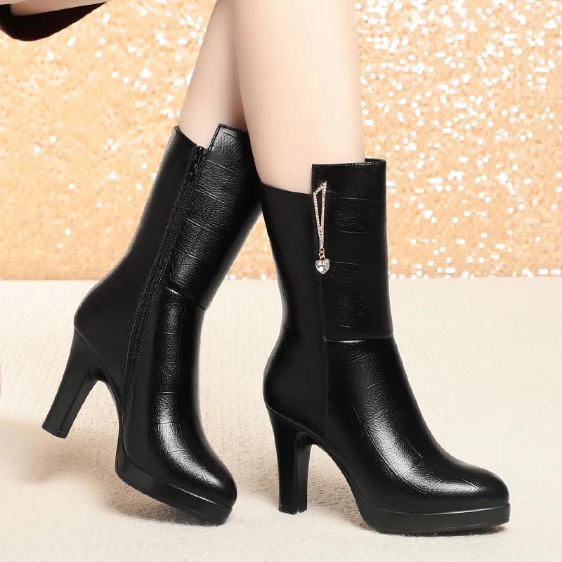7cm 9cm Fashion Comfortable Soft Leather Boots Platform Shoes Winter  Mid Calf Block High Heels Fur Plush Boots Office Mom