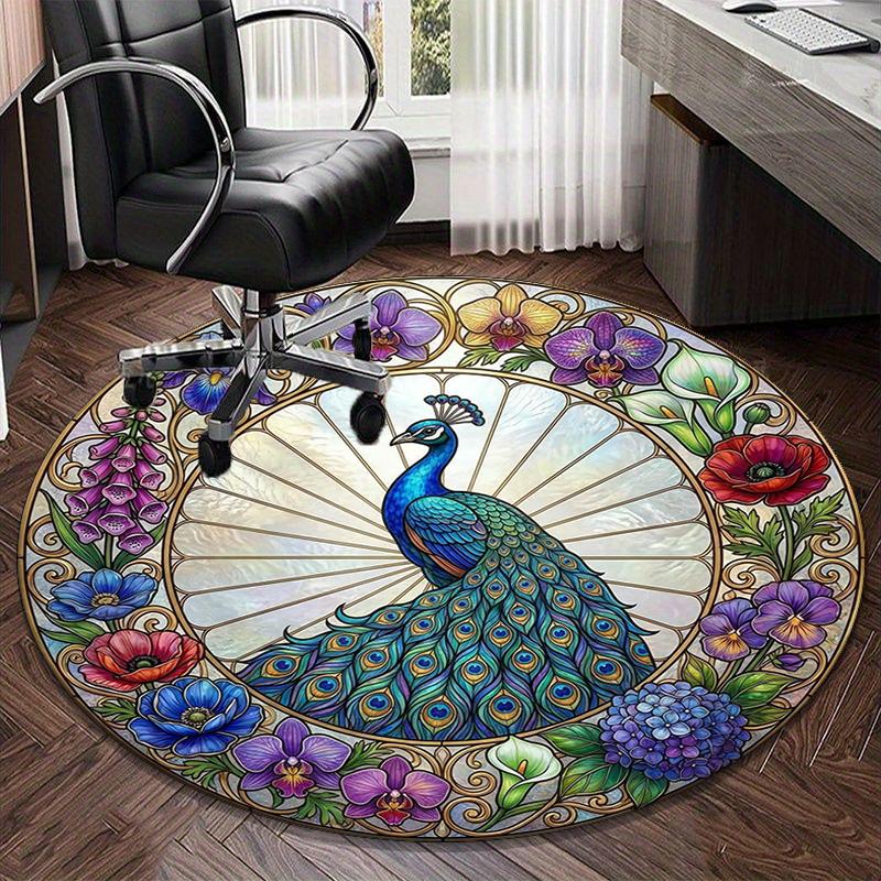 Blue Peacock Floral Art Round Carpet Chair Cushion Round Entryway Rug, Soft Round Rugs for Living Room, Bedroom, Circle Carpet Decor Gifts