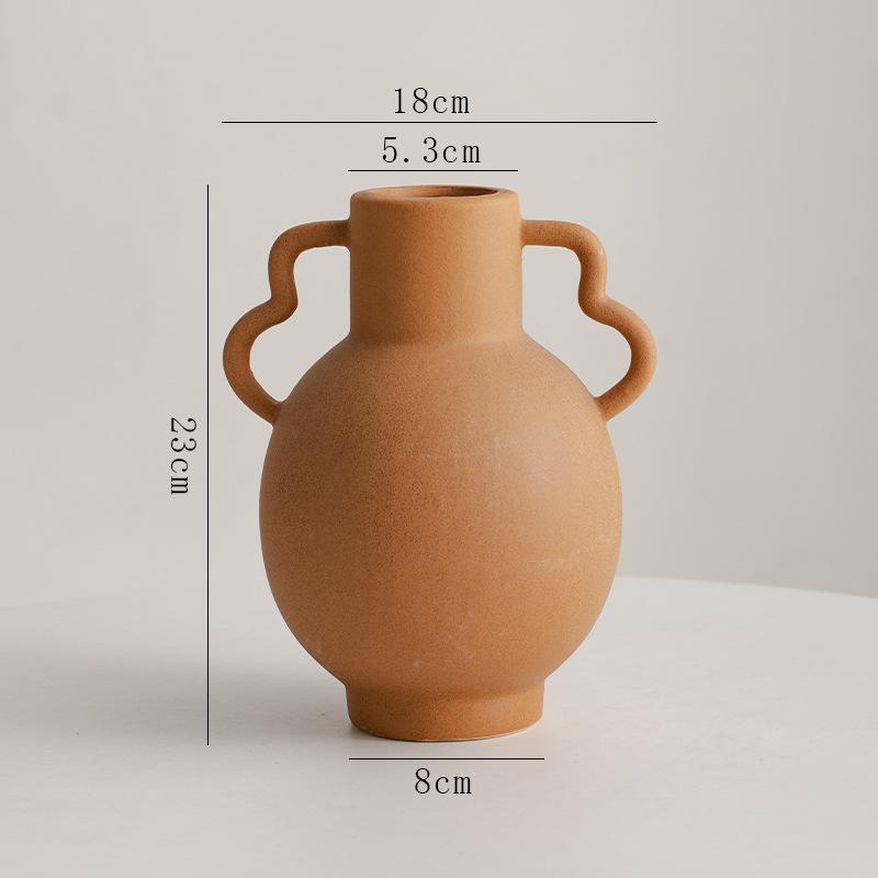 Modern Farmhouse Ceramic Rustic Terracotta Decorative Vase with 2 Handles Pottery Flower Centerpieces for Dining Table (as the picture,same as pictures)