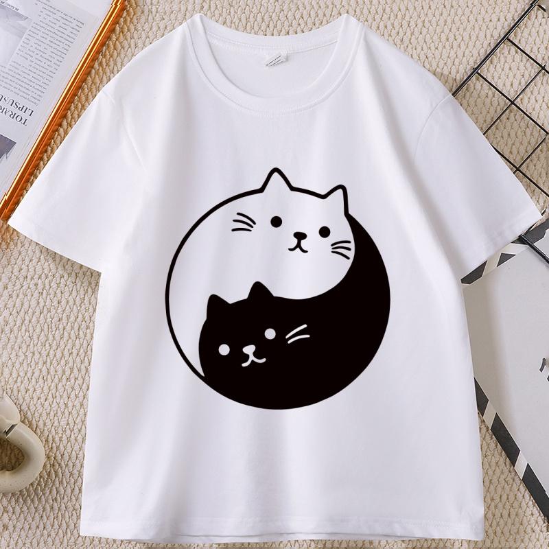 Yin Yang Cat TShirt Funny Cute Kawaii Kittens Tee Cotton Short Sleeve Summer Round Neck Tshirt Streetwear Basic Tees