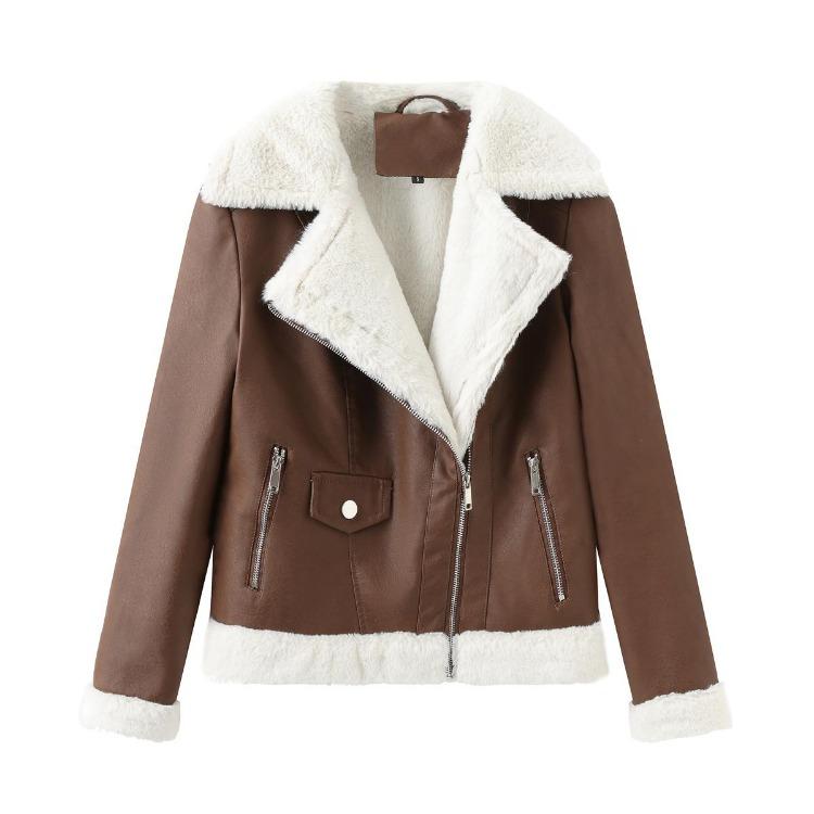 

Women Faux Leather Jacket Fleece Lined Warm Bomber Coat Slim Fit Cropped Lapel Collar Long Sleeves Zipper Casual Stylish Outerwear Black 3XL коричневий