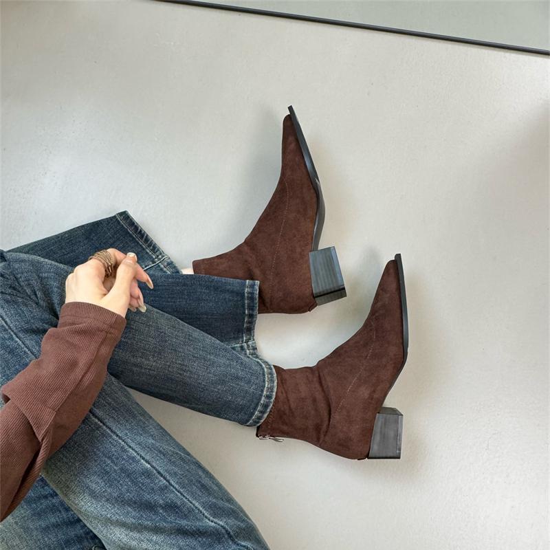 Leopard print pointed head thick heel suede short boots women's fashion versatile winter new sexy babes thin boots