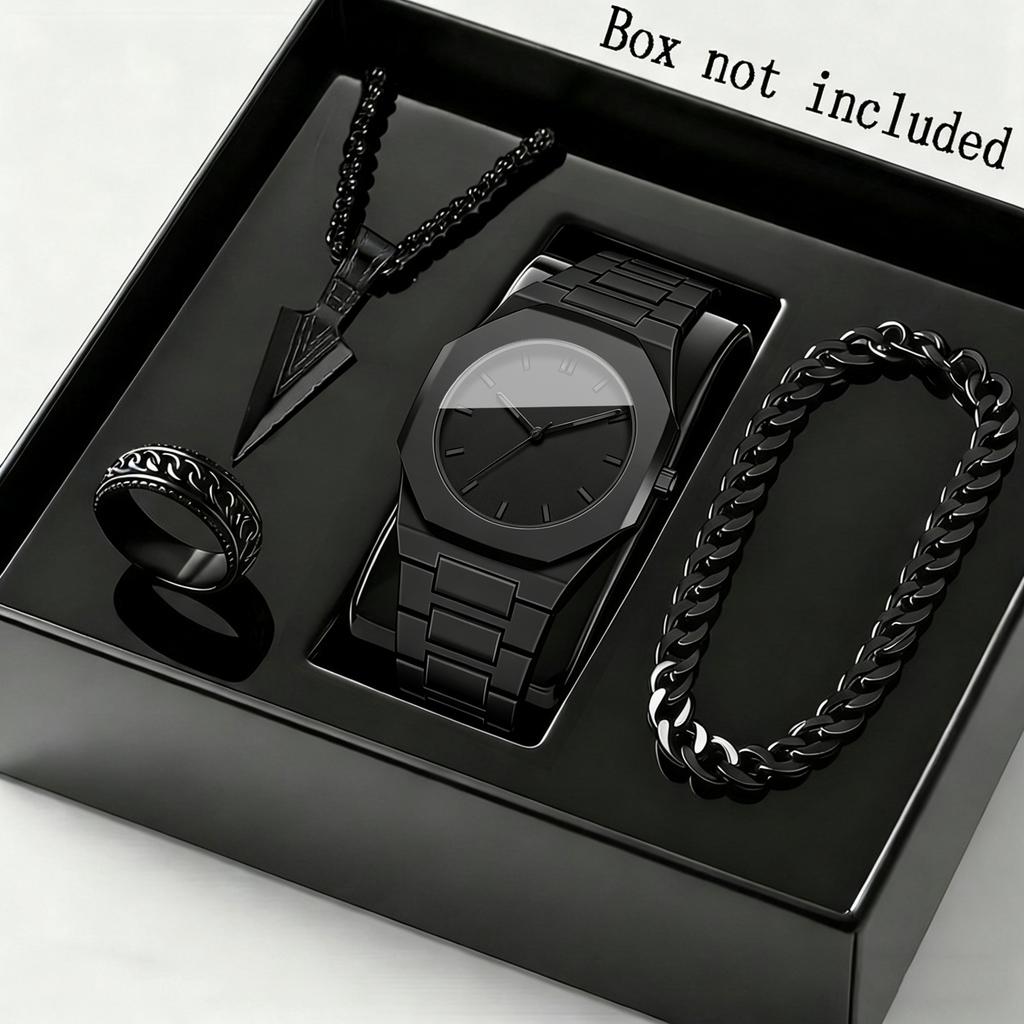 4 Stück/Set Damen Herren Uhren- und Schmuckset | Herren Halsketten Ring | Herren Armbänder | - Minimalistische Moderne Schwarze Quarz Uhr