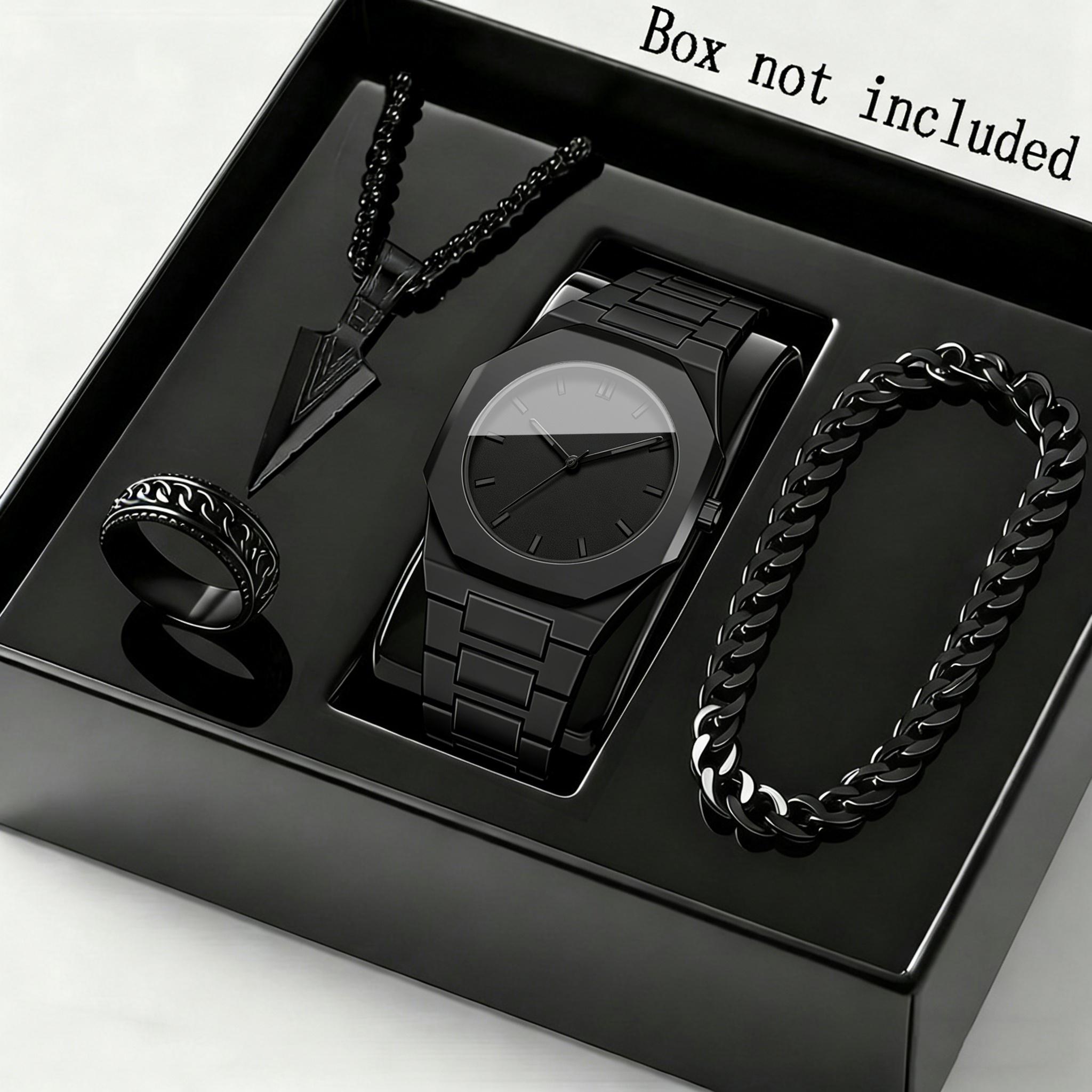 4pcs/set Men s Women s Watch & Jewelry Set | Men S Necklaces Ring | Men S Bracelets | - Minimalist Modern Black Quartz Watch