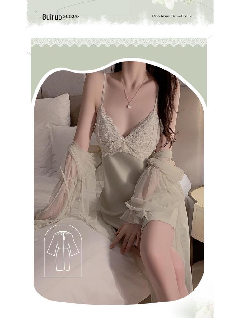 Elegant Lace Backless Plus Size Nightgown with Push-Up Bra and Camisole Set