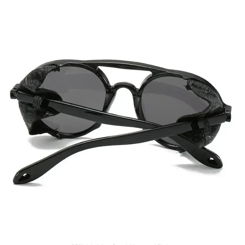 Steampunk Shields Solglasögon Män Kvinnor Klassiska Solglasögon med Sida Läder Runda Glasögon Punk UV400 Lins