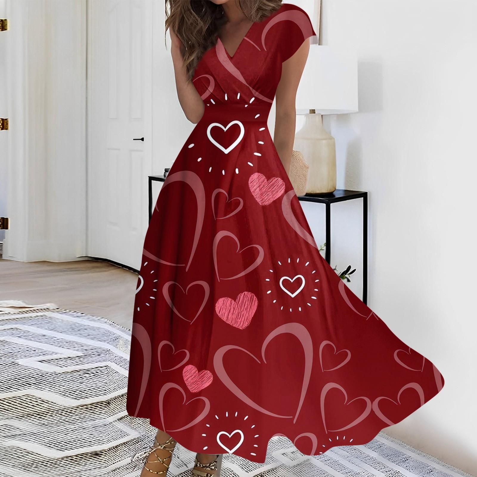 

Жіноча довга повсякденна сукня, весна-літо, з коротким рукавом, V-подібним вирізом і талією, принтована сукня XL винний