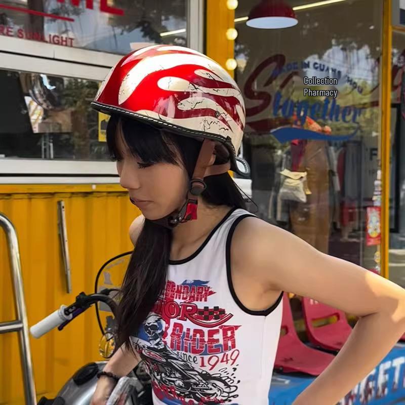 Retro Men's Motorcycle Half Helmet with Goggles, Flip-up American Style