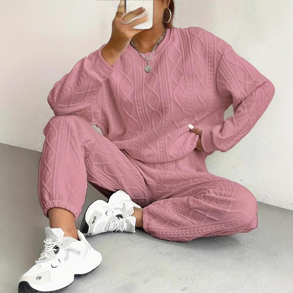 Women's Crew Neck Cable Knit Textured Long Sleeve Sweatshirt & Jogger Pants 2 Piece Loungewear Tracksuit Set