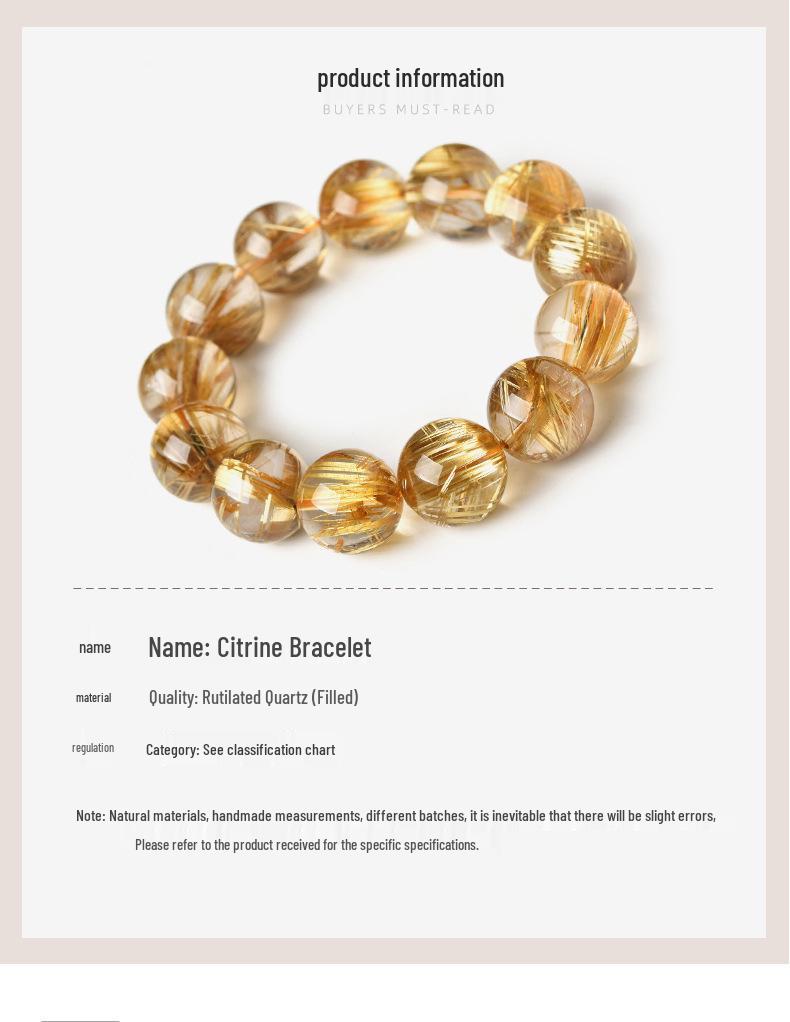 Brazilian Gold Silk Crystal Bracelet: Yellow Rutilated Quartz Beads for Men and Women