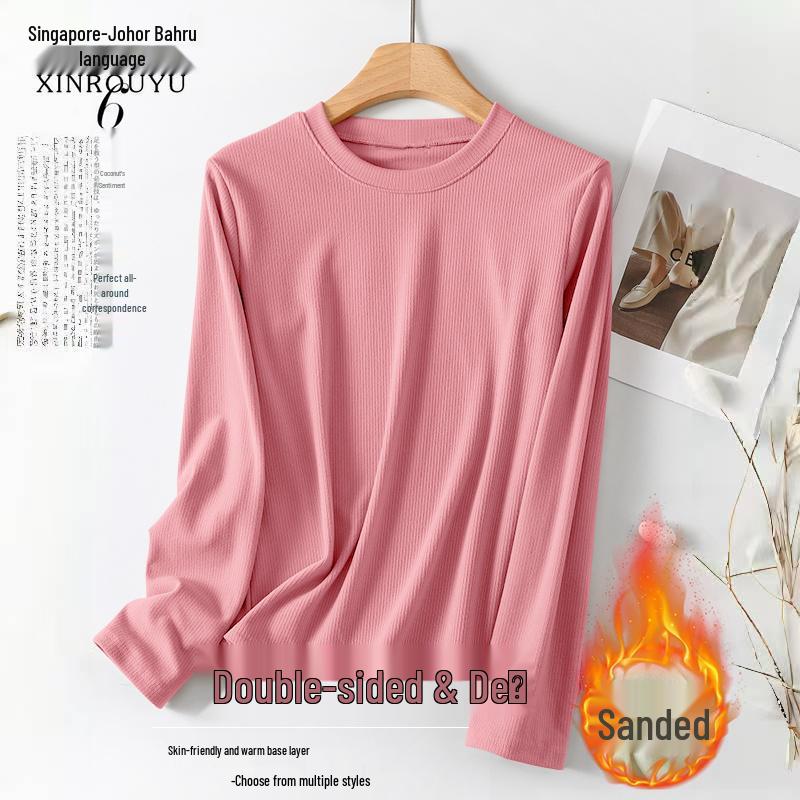 Women's Solid Color Round Neck Fleece T-Shirt - Long-Sleeved and Warm, Perfect for Autumn and Winter Layering.