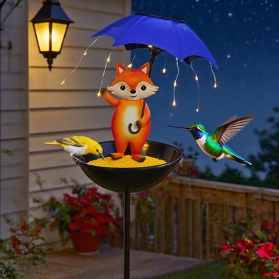 Solar Bird Feeder Stake Outdoor Garden Patio Yard Holding Umbrella Frog Fox Snowman Turtle Bird Bath