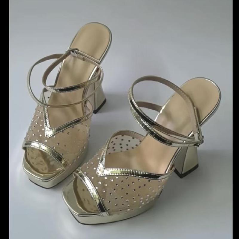 Eiyken Fashion CRYSTAL Diamond Hollow Out Mesh Peep Toe Platform Woman Sandals Ankle Buckle Strap Square High Heels Party Shoes