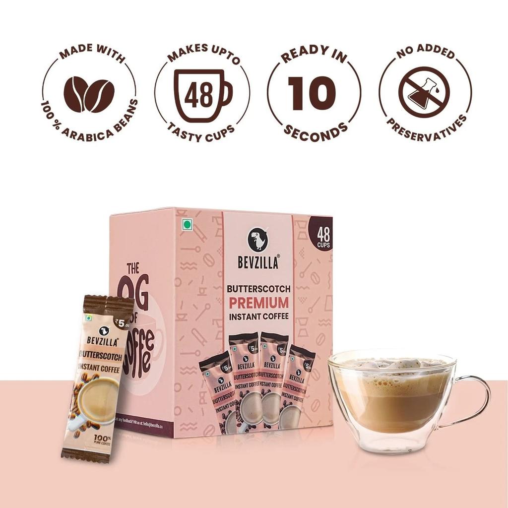 Bevzilla 48 Instant Coffee Powder Sachets (Butterscotch) - 96 Grams| Hot & Cold
