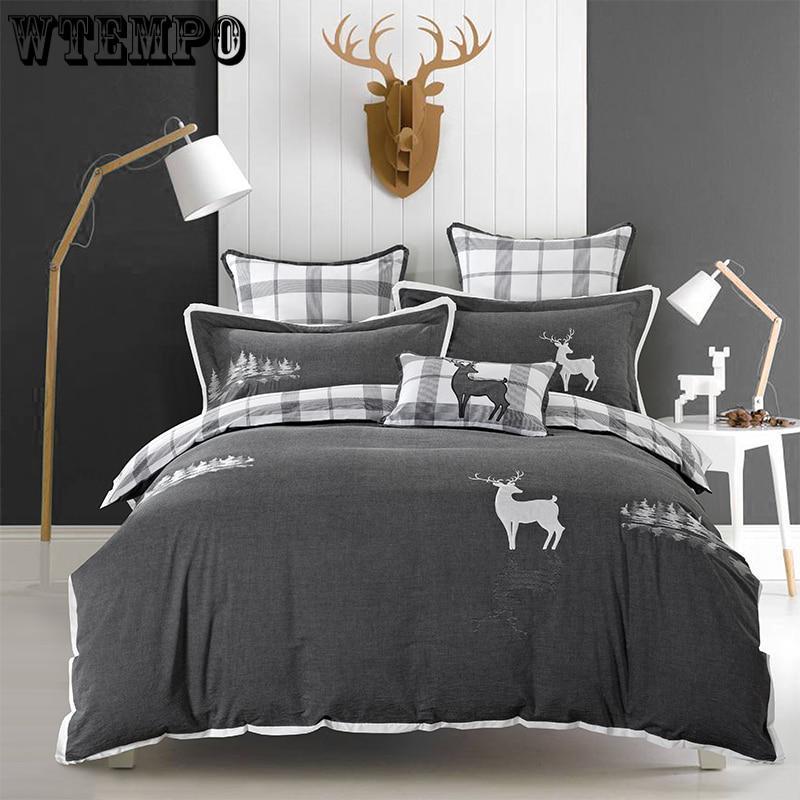 

WTEMPO Queen King size, комплекты постельного белья из чистого хлопка, серые, мягкое постельное белье, вышивка, олень, пингвин