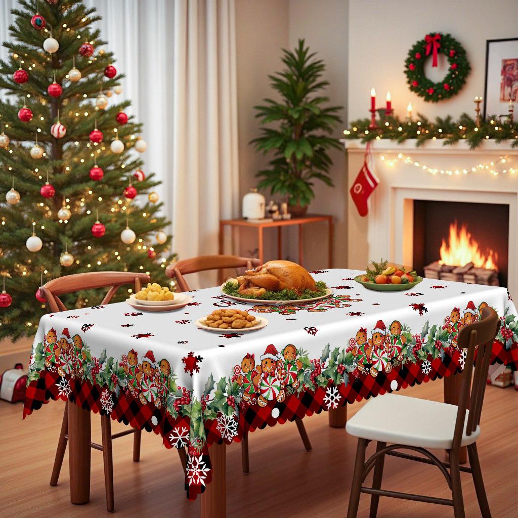 Christmas Table Cloth, Gingerbread Man Print, Snowflake Red And Black Check, Round Waterproof Round Table Cloth, Picnic Cloth