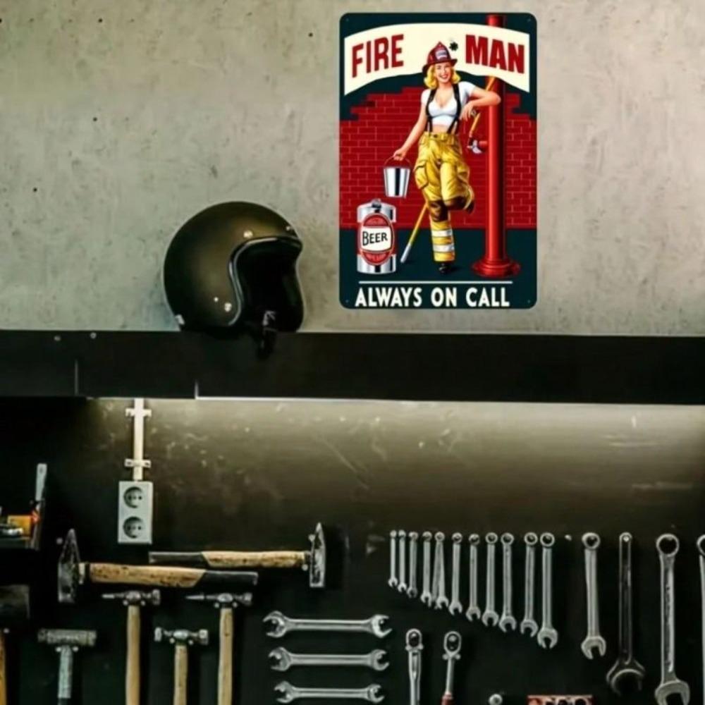 Vintage Firefighter Metal Sign, Retro Tin Poster for Office Wall Decor, Garage Man Cave Art
