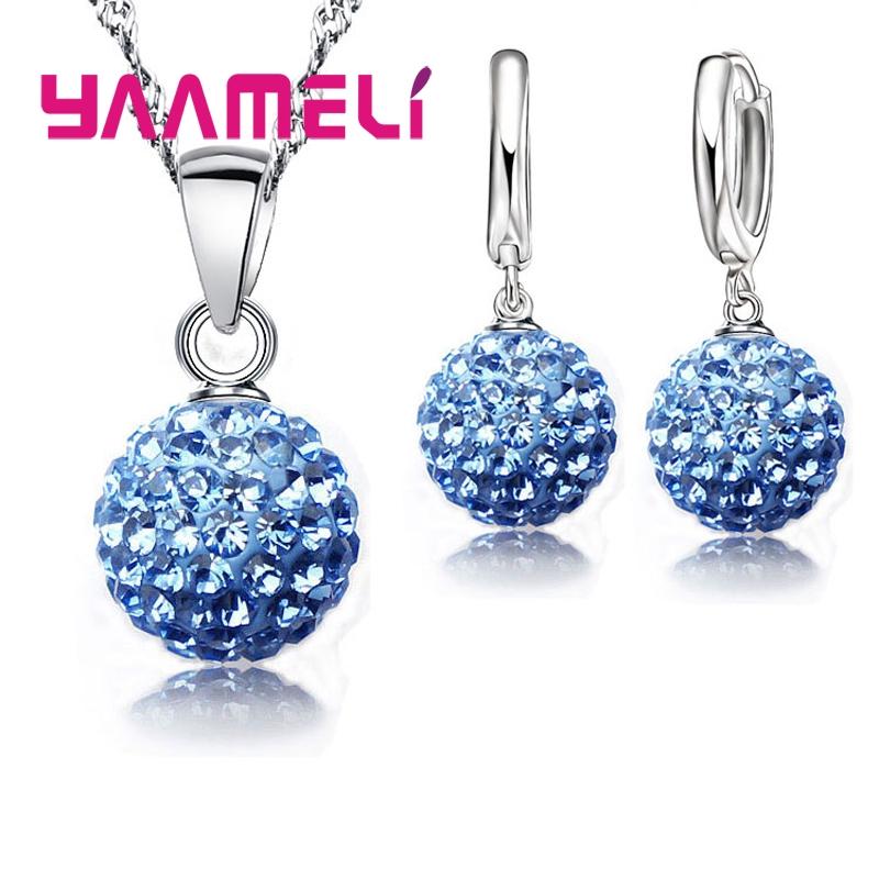 925 Sterling copper Stamped Bridal Zircon Sets Women Girls Wedding Gifts Austrian Crystal CZ Disco Ball Necklace Hoop Earrings