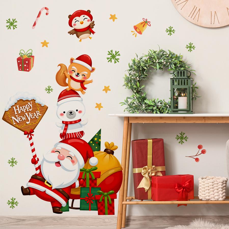 1pc Cartoon Santa Claus Wall Stickers, Removable PVC Holiday Decoration for Kids Baby Room Bedroom Nursery Decoration Wall Decal