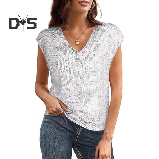 Women Vest Sparkling Sequin Tank Top V Neck Short Sleeve Elastic Party Tops Summer Loose Fit Vest Daily Wear