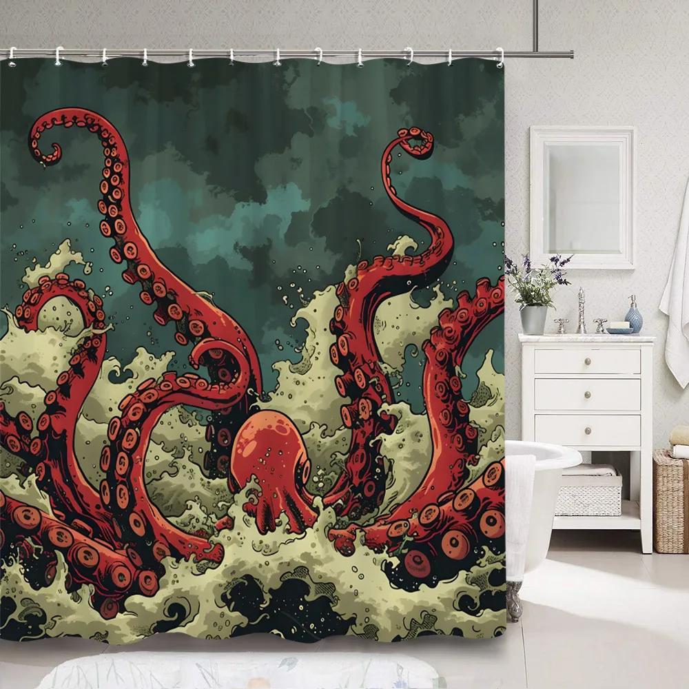 Horror Sea Monster Octopus Shower Curtain Dark Sailboat Ocean Vintage Pirate Ship Wave Polyester Shower Curtains Bathroom Decor