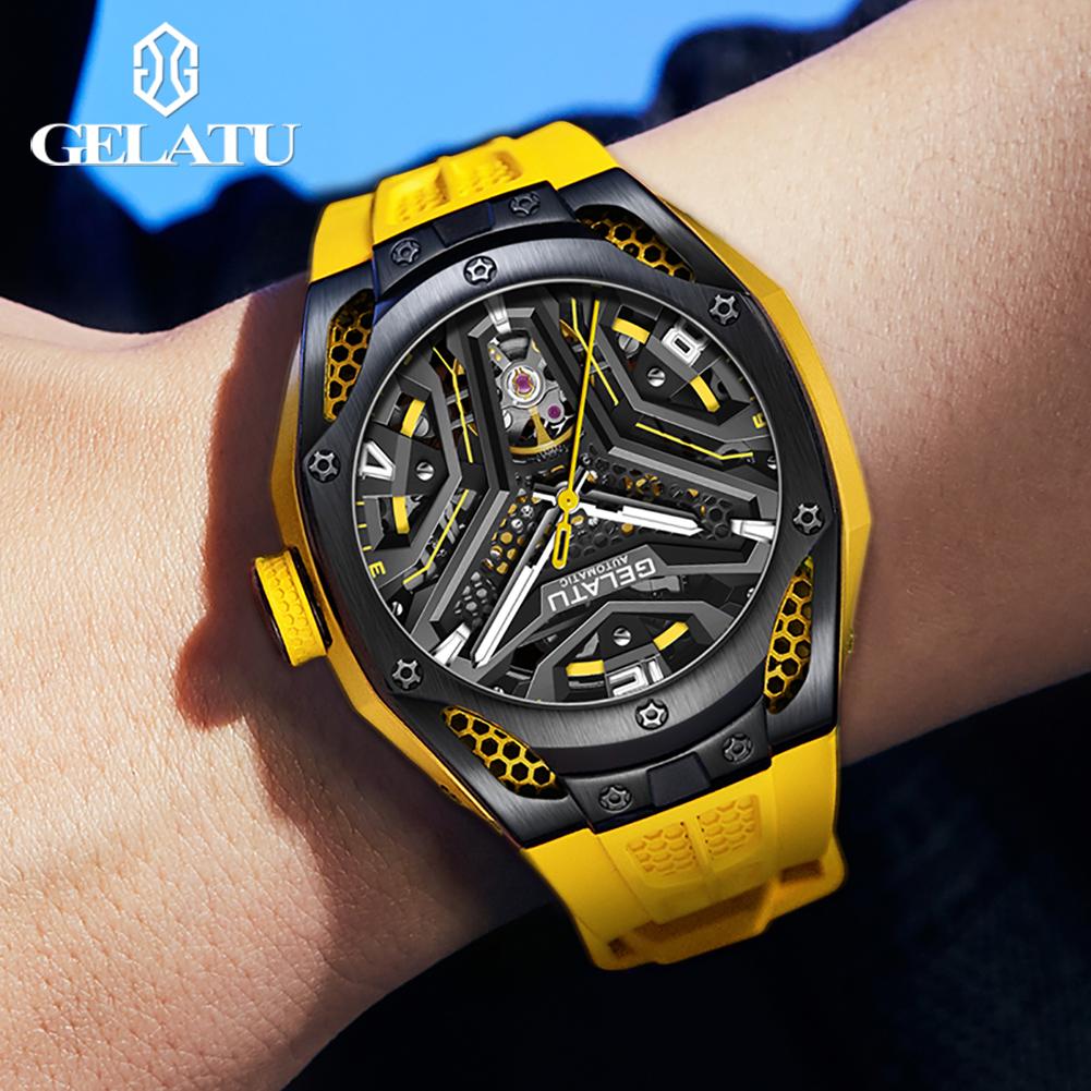 GELATU 6007 Skeleton Automatic Watches for Men Fashion Silicone Strap Hollow Waterproof Luminous Men's Mechanical Wristwatches