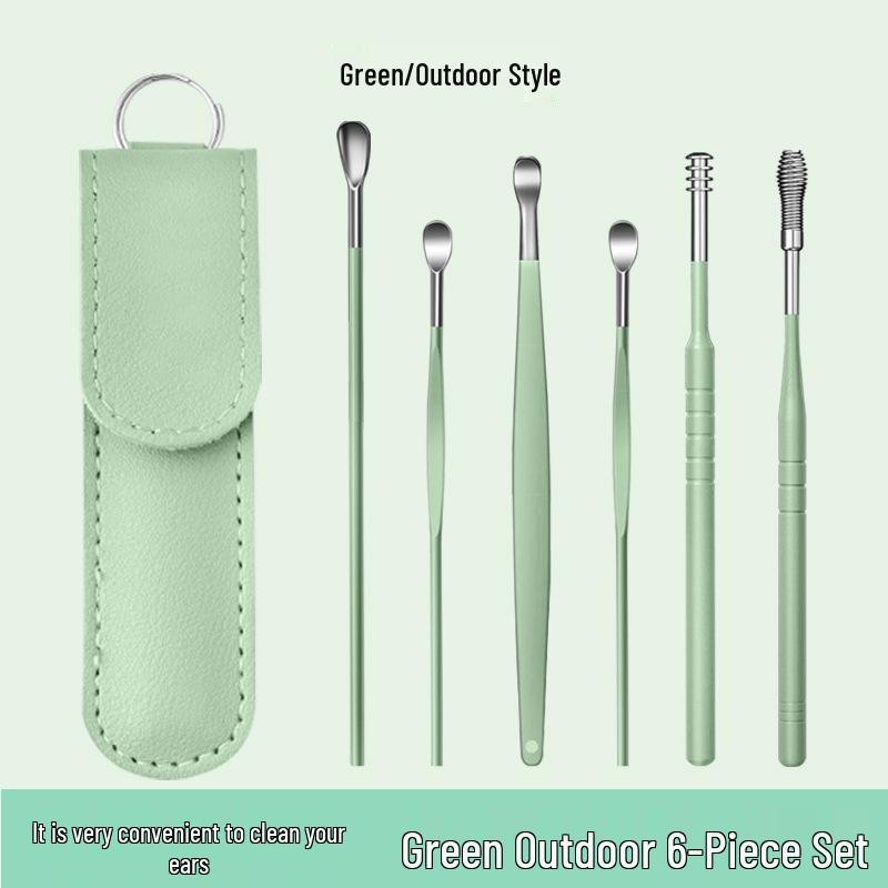 6-Piece Stainless Steel Ear Cleaning Set: Portable Spiral and Spoon Tools