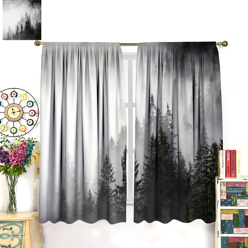 Nebeliger Wald Vorhänge Nebeliger Berg Stangentasche Kiefer Naturlandschaft Kunst Gedruckt Wohnzimmer Schlafzimmer Fenster Vorhänge 42x63 Zoll(10