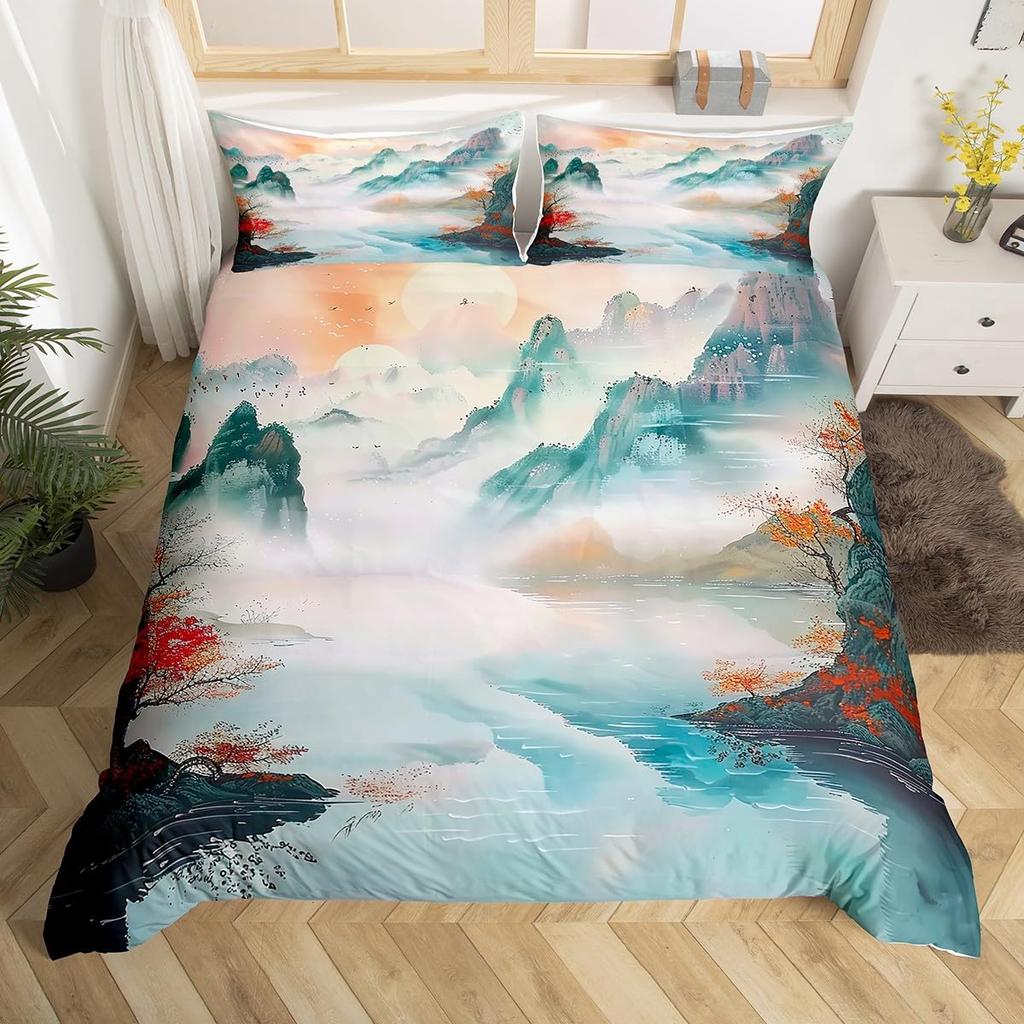 Comforter Chinese Ink Painting Scenery Full Natural Landscape Mountain Bedding Set Eagle Comforter Polyester