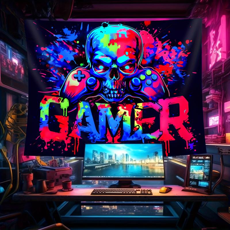 VIKAMA Colorful Skull Gamer Tapestry with Game Controller Graffiti for Bedroom Living Room Decor Aesthetic Edgy Gaming Wall Art