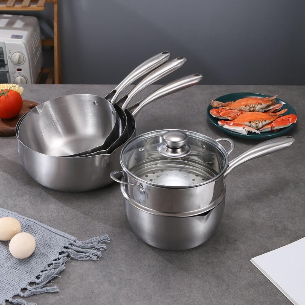 Flat Bottom Stainless Steel Saucepan With Glass Lid Soup Pot Universal Milk Pot Stove