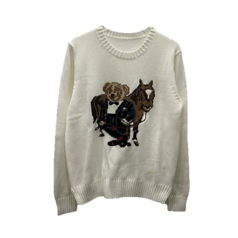 Damen Jacquard Wollmischpullover mit gesticktem Cartoon-Bär-Design