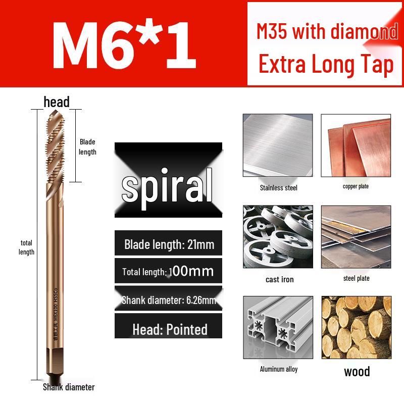 Titanium Coated Cobalt Straight Flute Extra Long Tap for Stainless Steel, Sizes M3-M8